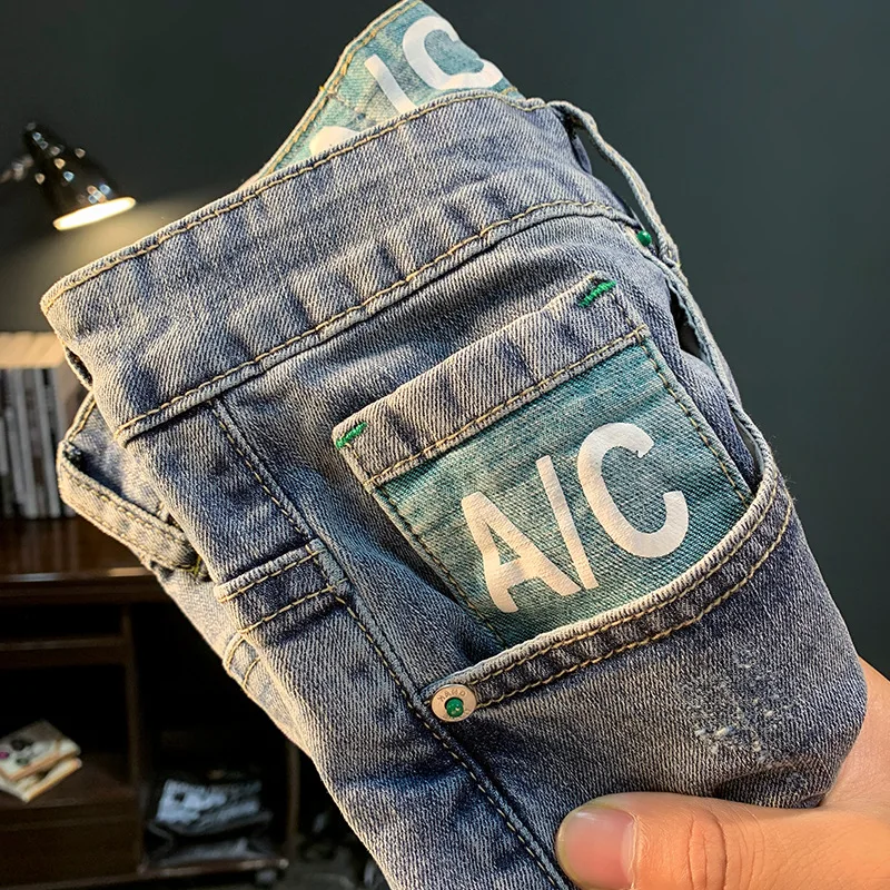 Summer Thin Denim Shorts Men's Fashionable Printed Elastic Scraping Cropped Pants Breathable Design Casual Men's Middle Pants