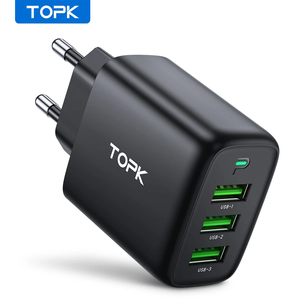  TOPK 3 Ports USB Charger Mobile Phone Adapter EU Plug Wall Charging for iPhone 14 13 12 Samsung Xiaomi Huawei Phone Charger 