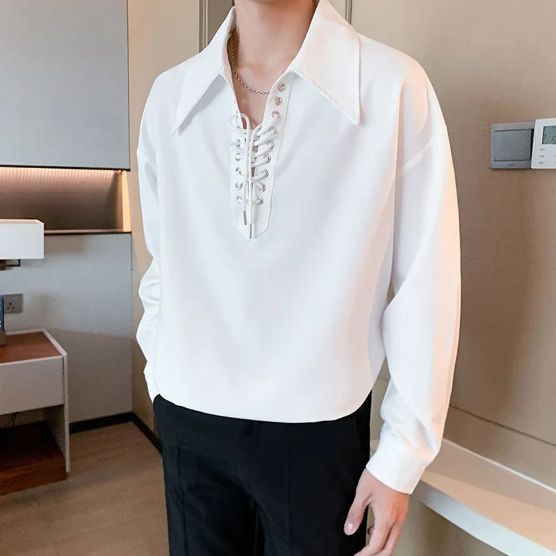 Strap Design V Neck Men Long Sleeve T Shirts Korean Fashion Casual Harajuku Punk Oversized Tops Tee Black White Office Interview