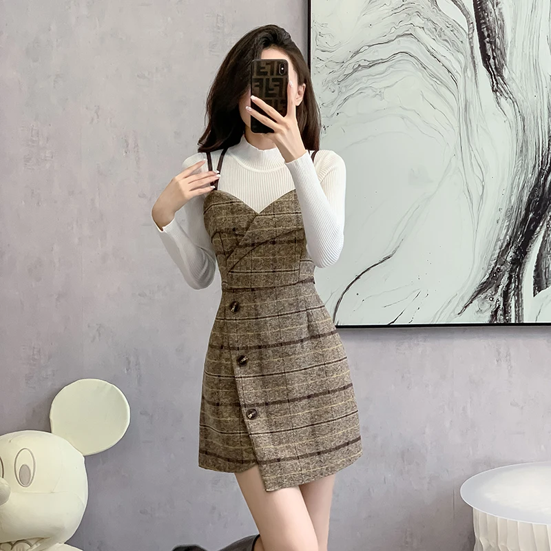 

High Quality Fall Winter Women Sweater Overalls Dress Sets Casual Knitted Tops +Plaid Woolen Dress 2 Piece Sets Outfits Female