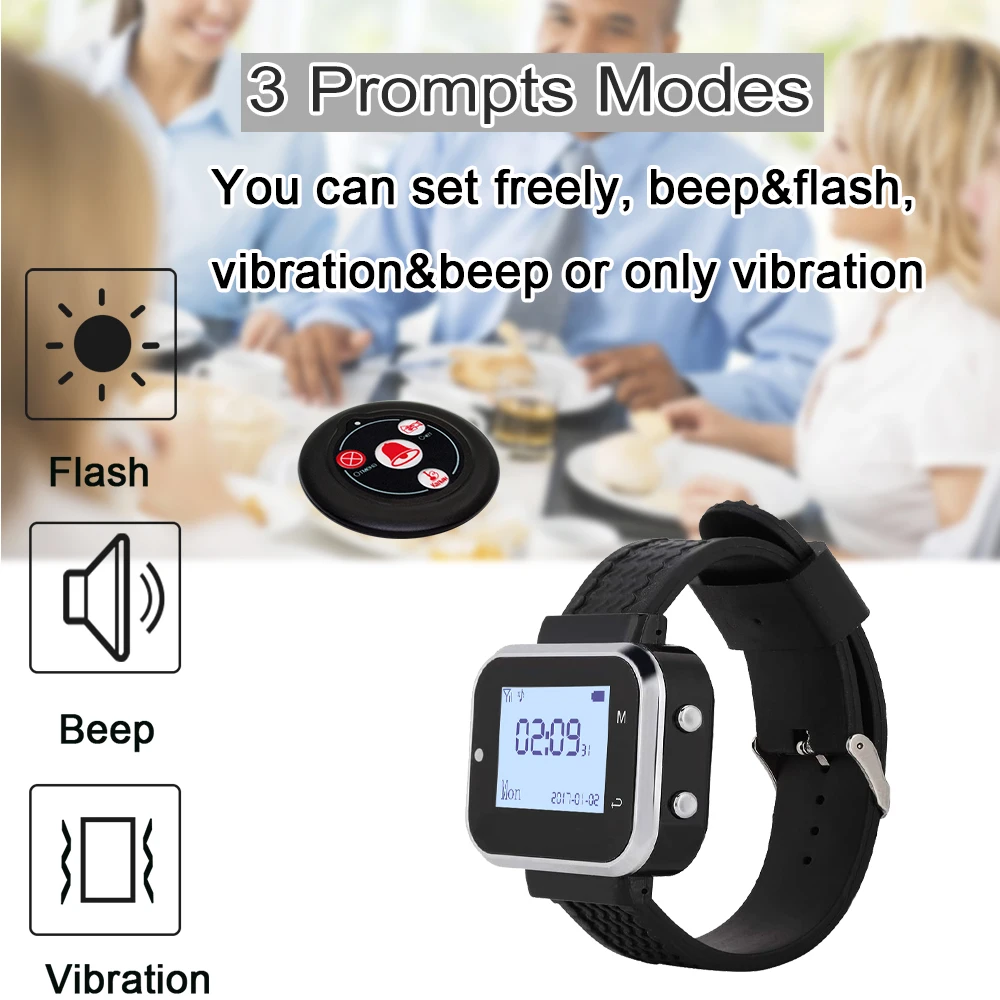 Description Picture 6 of itemCATEL Wireless Calling System 10 Table Call Button Transmitters 1 Watch Pager, Restaurant Waiter Service Bell Buzzer