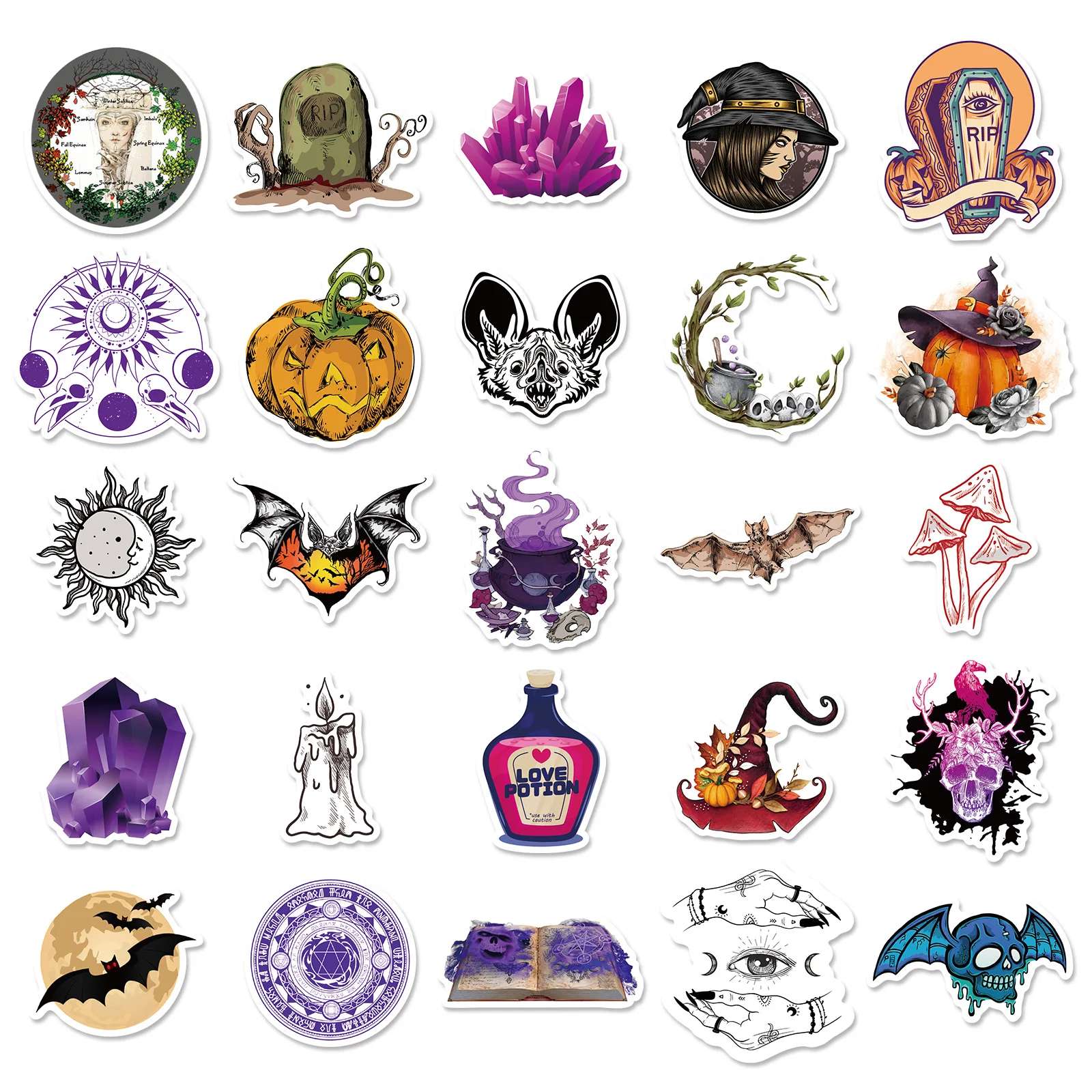 Lot De 50 Autocollants Sorcières - Design Magie Noire Et Anime - Pour Déco Ordinateur, Vélo, Skate
