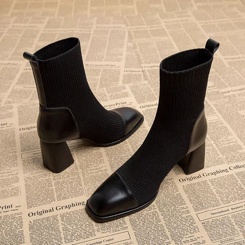 

Square Headed High Heel Elastic Socks and Boots British Style Thick Heels 2024 New Spring, Autumn, and Winter Casual Short Boots