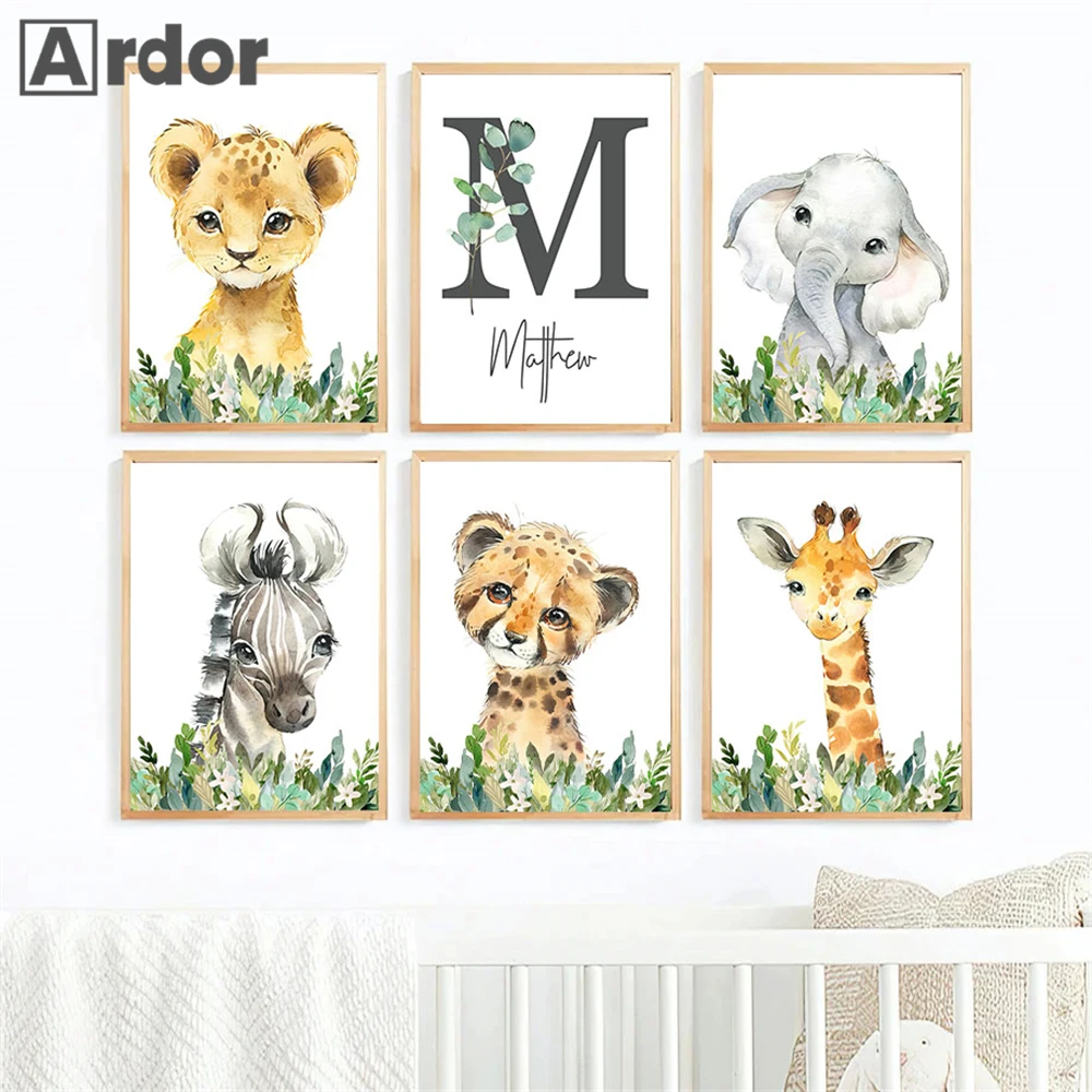 

Custom Name Canvas Paintings Elephant Wall Art Poster Jungle Animals Print Pictures Nursery Wall Posters Kids Room Decoration