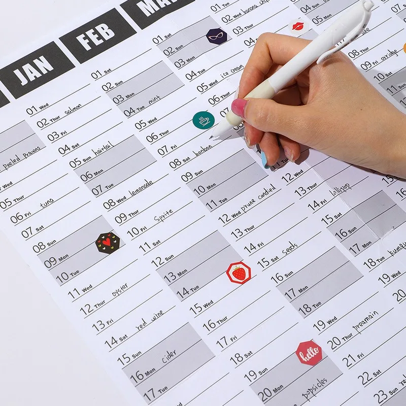 Wall Calendar Full Year Large Size Paper Kawaii Sticker Tape Yearly Weekly Annual Planner Target List Home Office Supplies wall calendar paper wall calendar