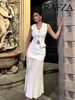 TRAFZA Women 2 Piece Set V-Neck Sleeveless Button Knitted Vest Top+Elegant Splicing High Waist Zipper Long Skirts Holiday Suits 5