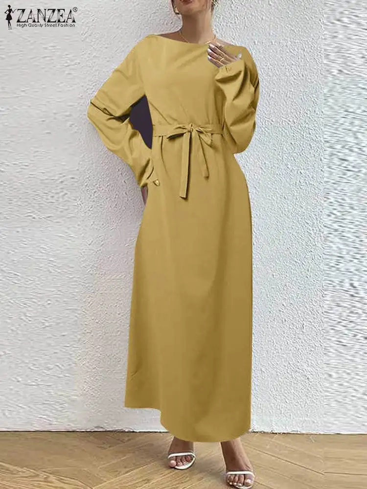 

ZANZEA Oversized Long Sleeve Robe Elegant Maxi Long Dress Women Autumn O-neck Belted Vestidos Holiday Casual Solid Color Dresses