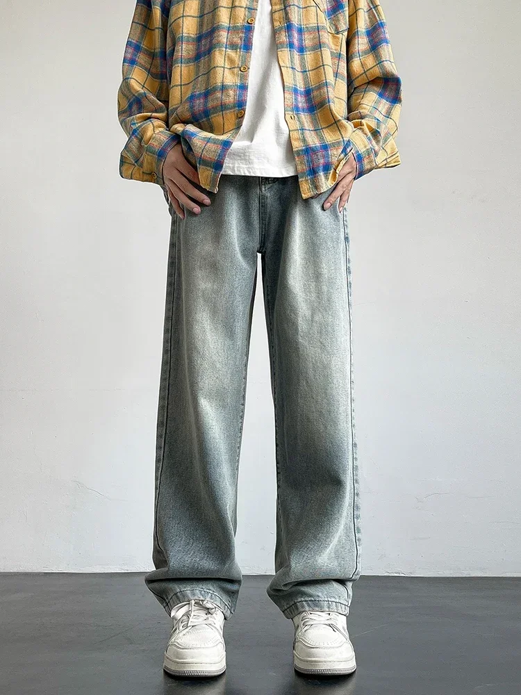 Korean Style Men&rsquo;s Casual Long Jeans Classic Straight Denim Wide-Leg Pants Solid Colors Light Blue Grey Black