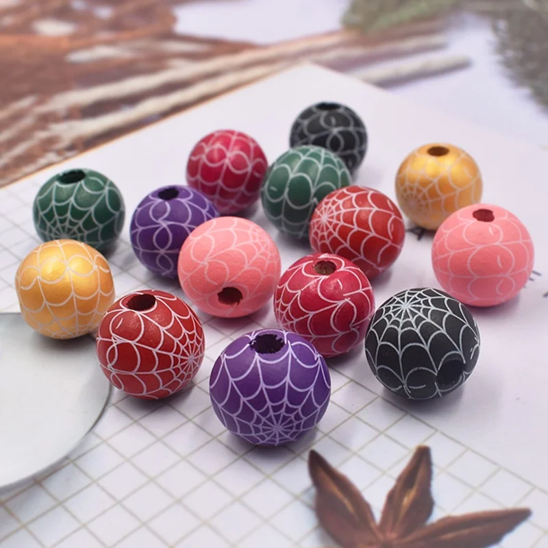 10pcs 16mm Round Spider web Painting Wood Loose Beads For Jewelry Making DIY Craft Bracelet Findings 10pcs corners decor metal embellishments album scrapbook 79 20mm wood jewelry box desk guard wine case sticker craft