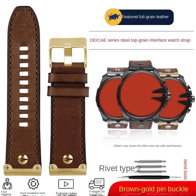 Vintage Brown Leather Watch Strap, 26mm Retro Men's Bracelet