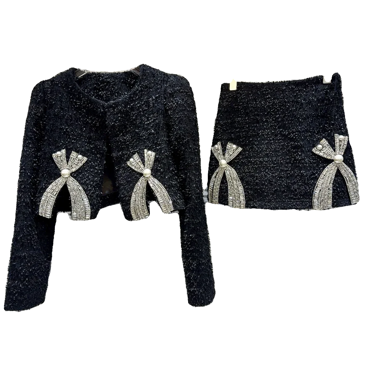 Office Lady Skirt Sets Women Fall Winter Crew Neck Long Sleeve Short Coat Pearl Bow Rhinestone Quilted Short Coat Skirt Outfit