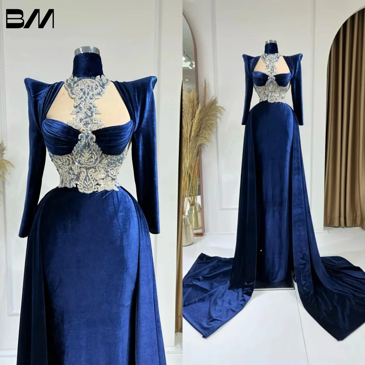 

Royal Blue Velvet Long Sleeve Party Dress Shoulder Pad Beaded Evening Dress Mermaid Catwalk Women Formal Occasion Dresses