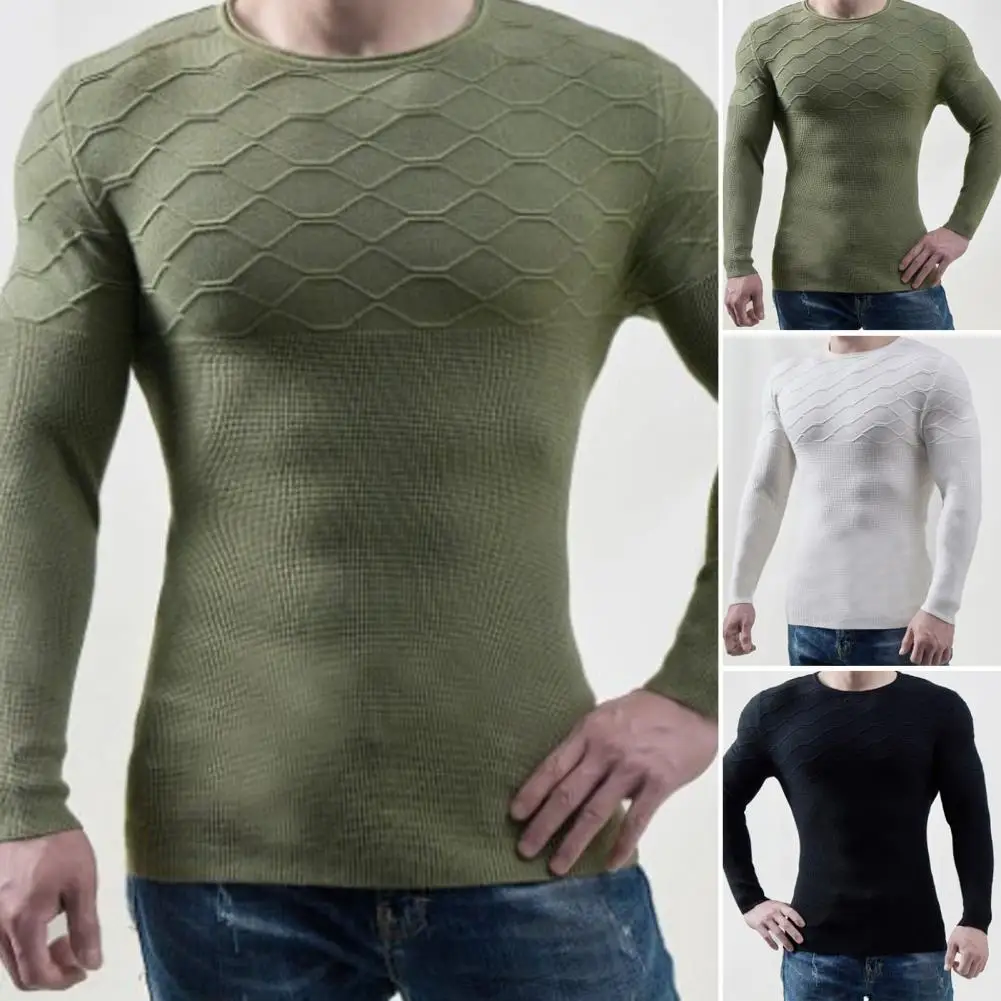 

Men Sweater Solid Color Elastic Stretchy Breathable Casual Round Neck Slim Fit Pullover Long Sleeves Autumn Sweater Men Clothes
