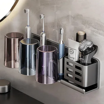 Aluminum Alloy Toothbrush Holder Multi-Function Toothbrush Cup Holder Wall Mounted No Drill Bathroom Organizer Bathroom Storage