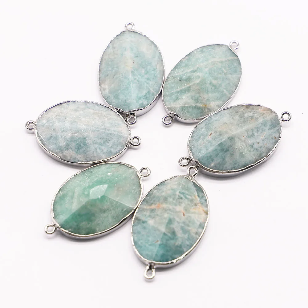 New Natural Stone Oval Amazons Slice Pendant Connector Mineral Healing Silver Plated Edge Necklace Charms Jewelry 4Pcs Wholesale