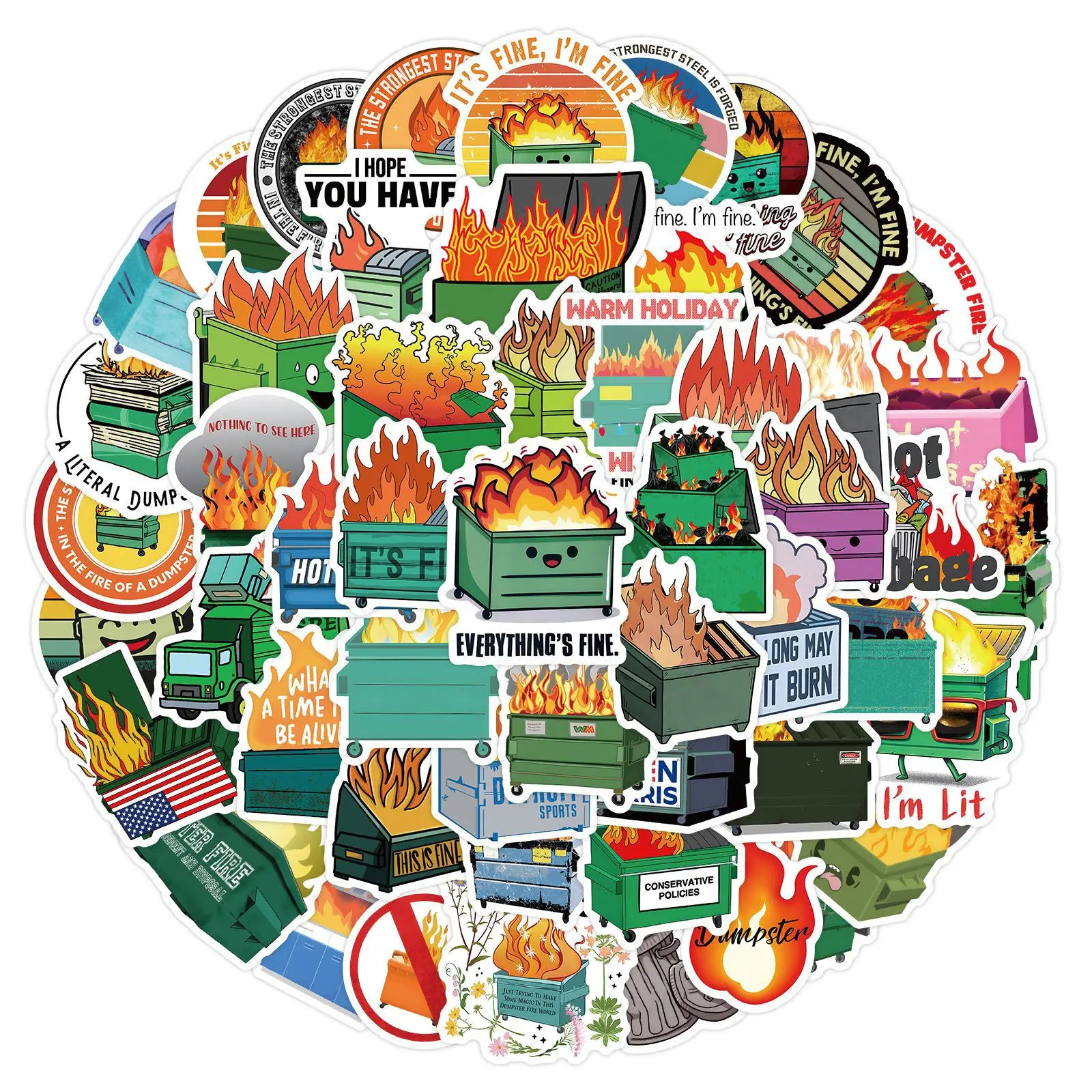 Dumpster Fire Sticker Pack - Assorted Designs for Luggage, Skateboards, Laptops, and More