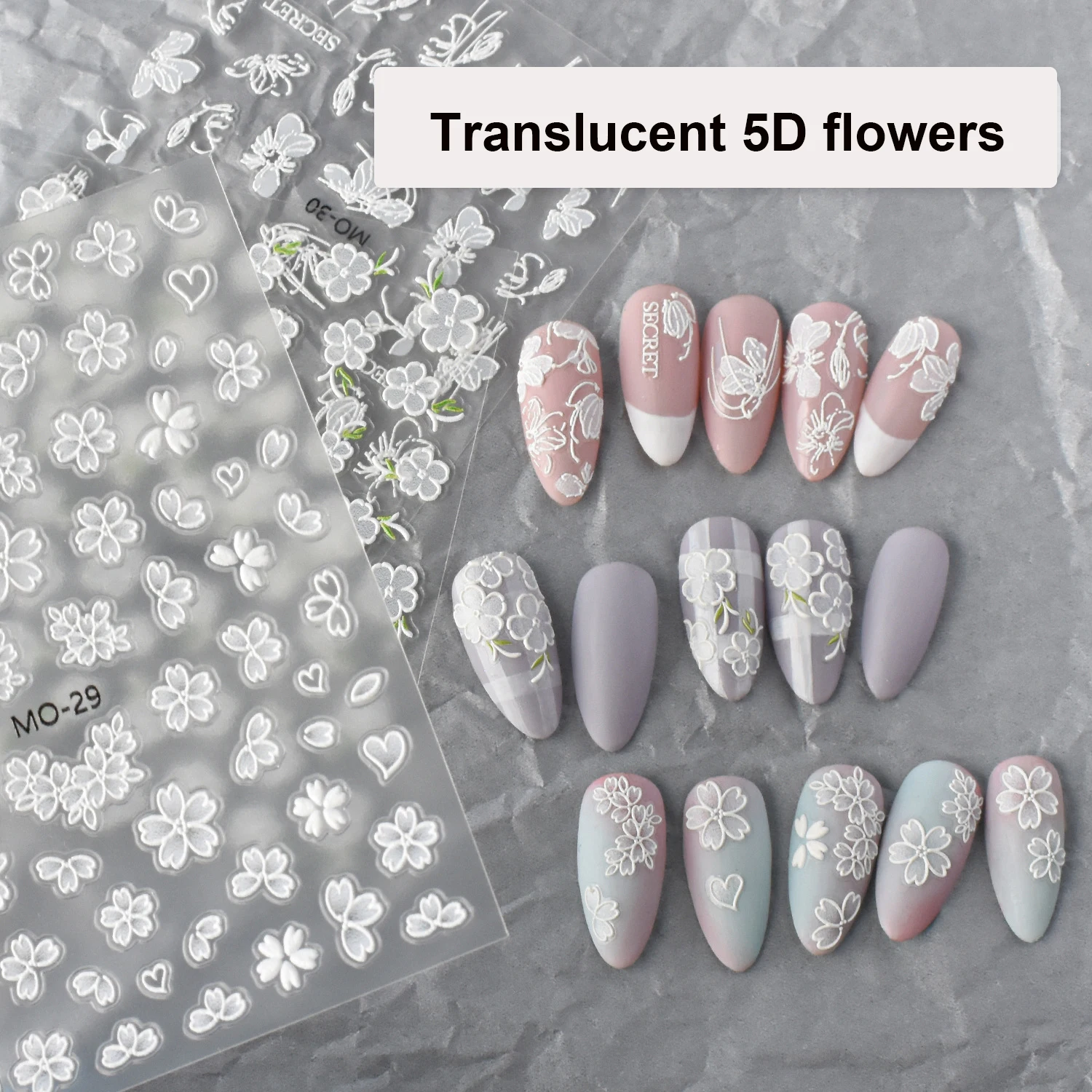 

5D embossed stickers press on nails translucent white flowers designs foil adhesive Manicure accesories sliders nail art decals