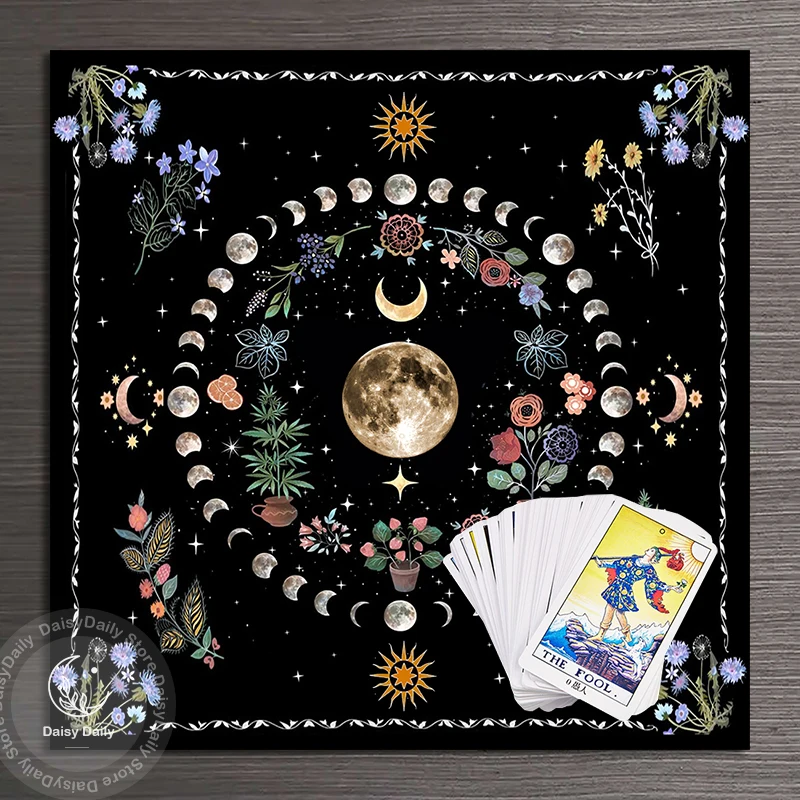 Botanical Moon Flower Tarot Tablecloth Triple Moon Altar Cloth Alter Cloth For Spread Tarot Reading Witchy Home Decor table cloth,tarot card table cloth,tarot tablecloth