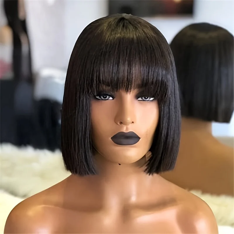 

Straight Human Hair Wigs Short Bob Wig With Bangs Brazilian Cheap Fringe Wig Full Machine Made Wig For Women Remy Hair Wig Sale