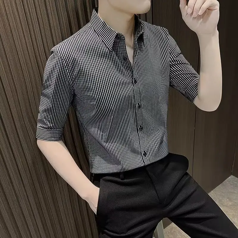 

2023 Summer New Mens Plaid Shirt Casual Shirts Male Fashion Short Sleeve Blouses Men Business Casual Slim Fit Blouses I79