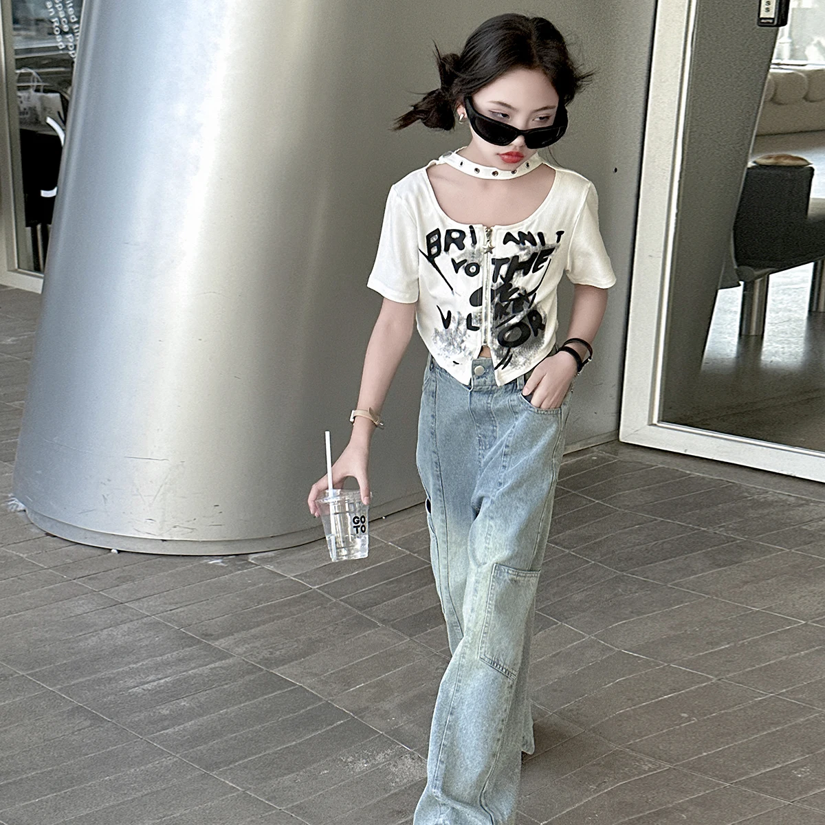 여름 여아용 불규칙 짧은 티셔츠, 지퍼 셔츠, 면 티셔츠, 한국 패션, 여름, 8, 10, 12, 14