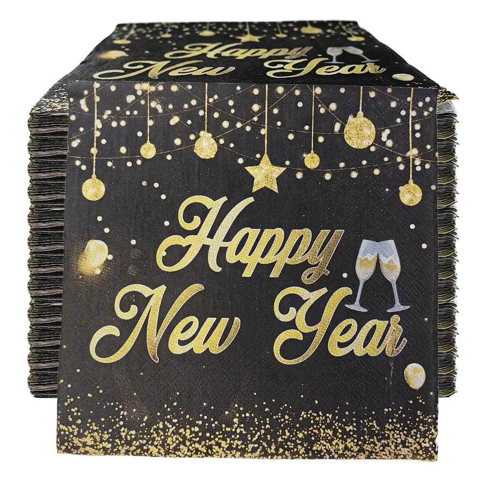 New Year Cocktail Napkins 20/40/60pcs Happy New Year Napkins Black and Gold Disposable Party Decors paper napkins