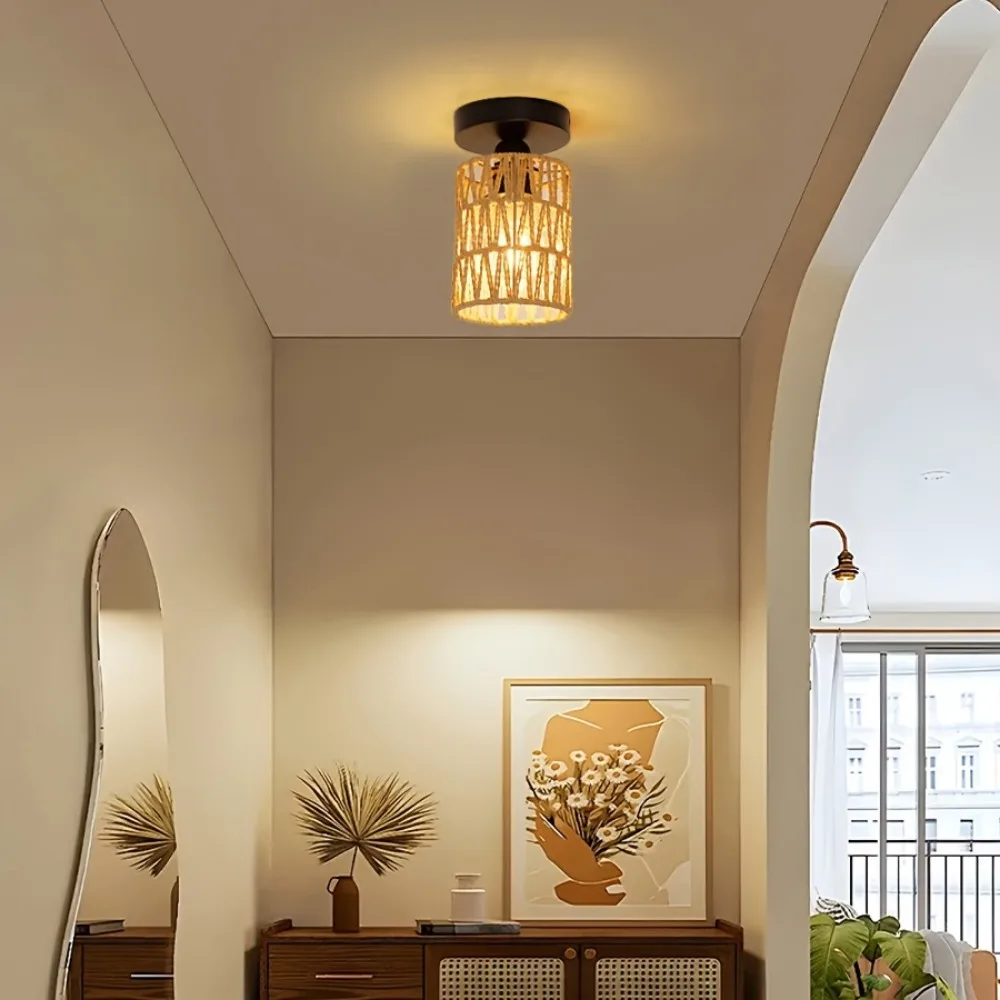 Rustic Hand-Woven Iron Ceiling Light - Warm Ambient Glow for Hallways  Living Rooms