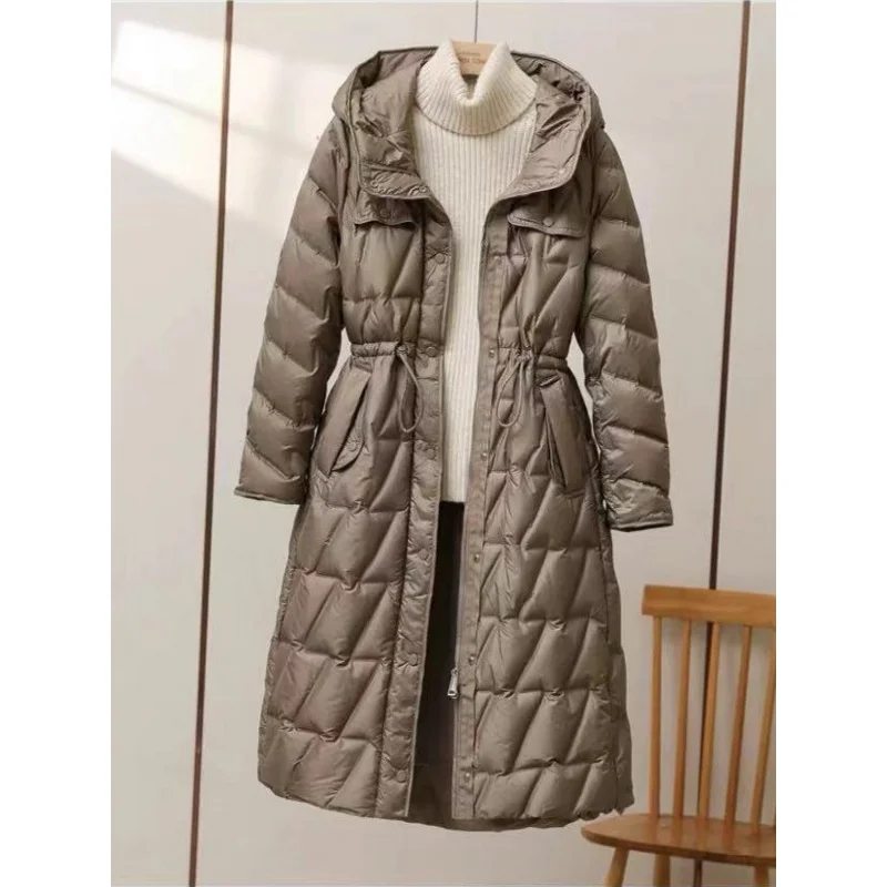 

90 White Duck down Jacket Women's Mid-Length over-the-Knee Waist Slimming Thickened Lightweight Hooded Jacket 2023 New