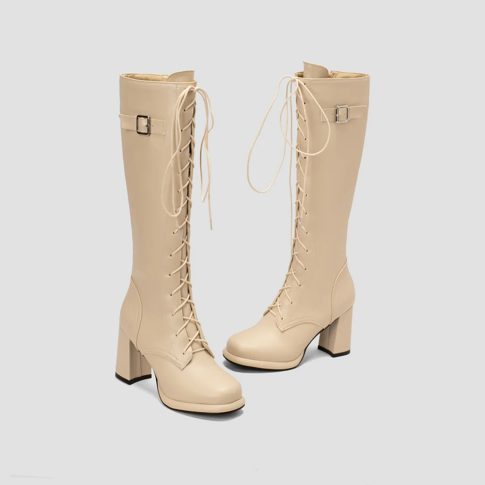 Platform Knee High Boots Women Chunky Heel Side Zip Round