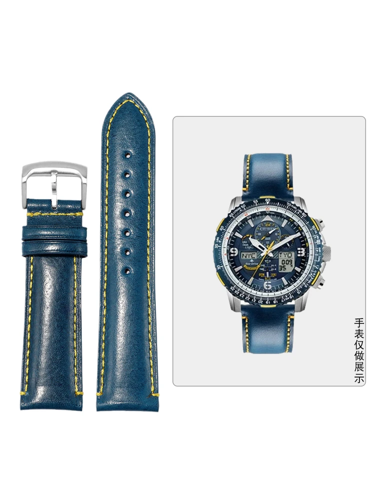 Per Citizen At8020/Jy8078 Air Eagle Cinturino In Vera Pelle Blue Angel Primo Strato Bracciale Orologio Anti-Allergia In Pelle Bovina