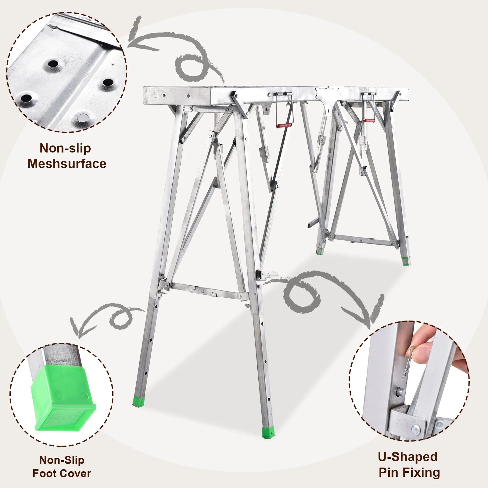 Tragbare Stahl-Gerüst-Arbeitsbänke, 71-104 cm höhenverstellbar, Gerüstleiter, rutschfeste Trittleiter, multifunktionaler Trockenbau-Malereihocker, für hohe Wände, klappbarer Gerüsthocker – Detail 7