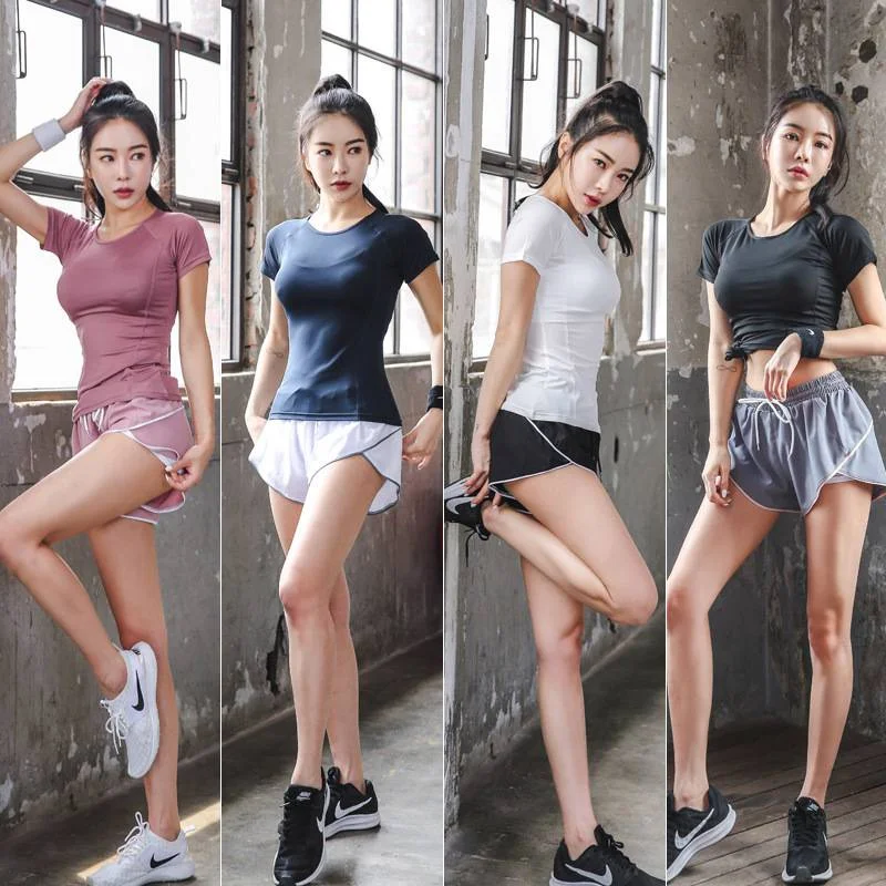 

wear Women Sport Suit Yoga Sports Set Gym Quick Dry Short Sleeve T-Shirt Top And Shorts Running Casual Yoga Sports Bra For Women