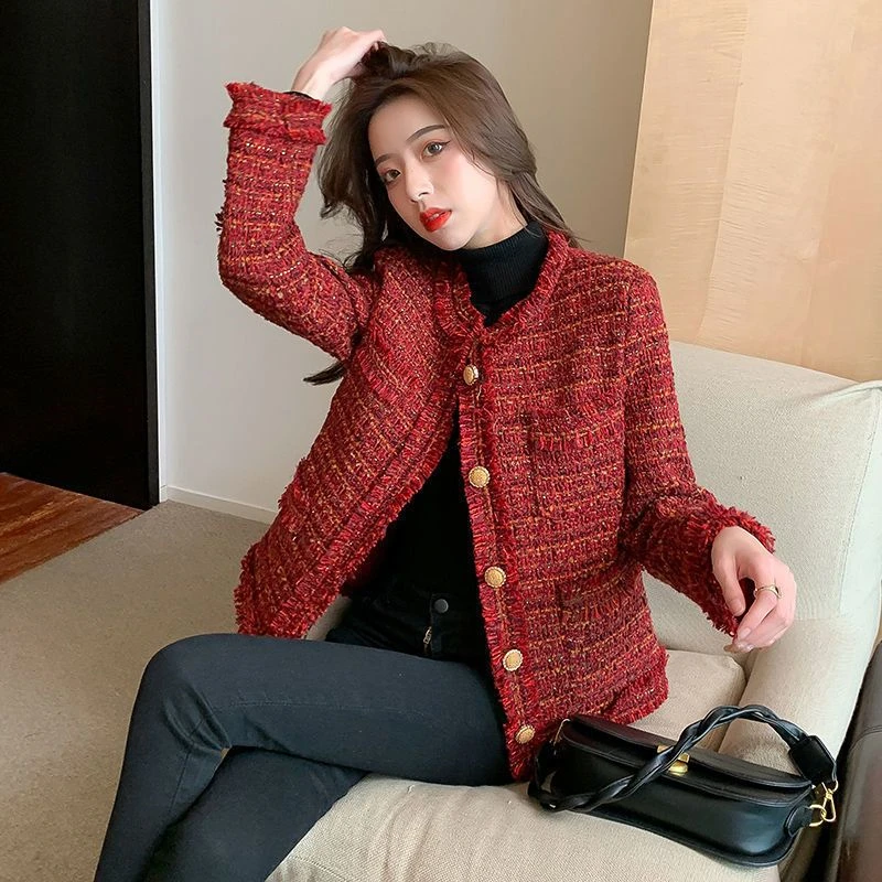 

Red Vintage Tweed Jacket Women Autumn Winter Thick Fashion O-Neck Short Outwear Korean Style Chic Tassel Patchwork Design Coats