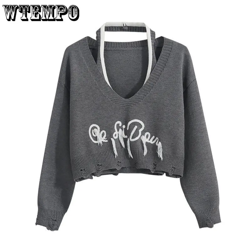 

V-neck Short Hanging Neck Design Sweater Women Long Sleeved Top Loose Letter Embroidery Hole Sting Simple Casual Spring Autumn