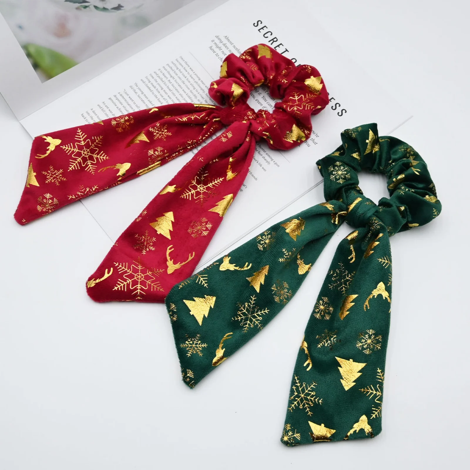 1PC Christmas Print Scrunchie,Red Green Hair Ties, Gold Snowflake Tree Deer Scarf Scrunchies, Festive Holiday Hair Accessories