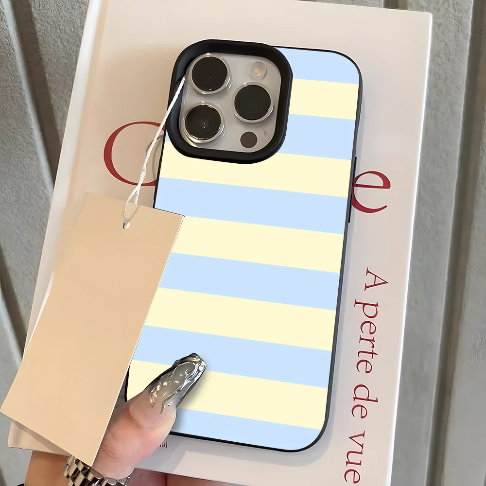 Elegant Light Blue & Cream Stripe Lychee Soft Phone Case Cover
