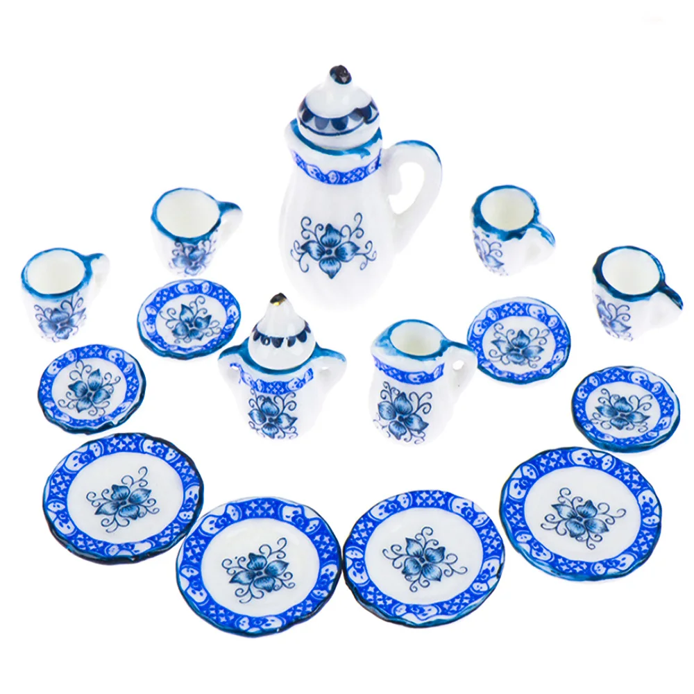 Girls Toys Tea Game Miniature Tea Set Dollhouse Furniture 15Pcs 1:12 Porcelain Cups Flower Tableware Kitchen Decorative Teapots 2