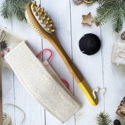 Yellow 2 In 1 Dry Massage Wet Exfoliating Handle Bamboo Bathbrush Back Scrub Body Brush Double-sided Brushes Loofah Towel Set