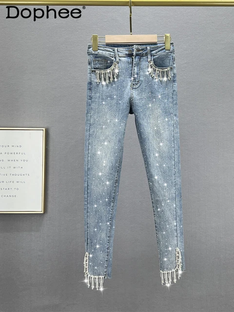 Hot Rhinestone Jeans for Women Trendy 2023 New Spring Elastic High
