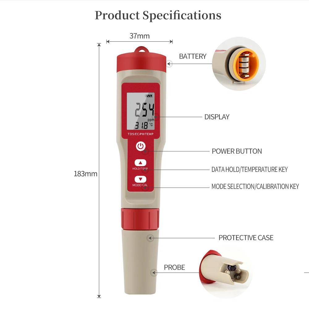 4 in 1 ph meter ph/tds/ec/temperatur messer digitaler wasser qualitäts monitor tester für becken trinkwasser aquarien – Detail 13