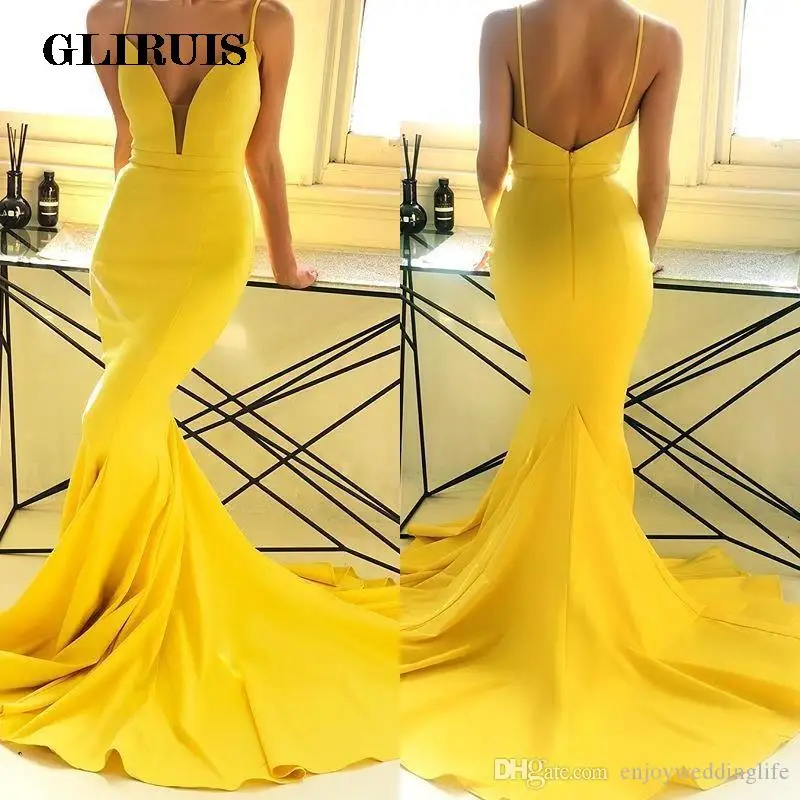 

African Arabic Mermaid Prom Dresses 2022 Satin Sexy V Neck Spaghetti Strap Backless Sleeveless Evening Formal Party Pageant Gown