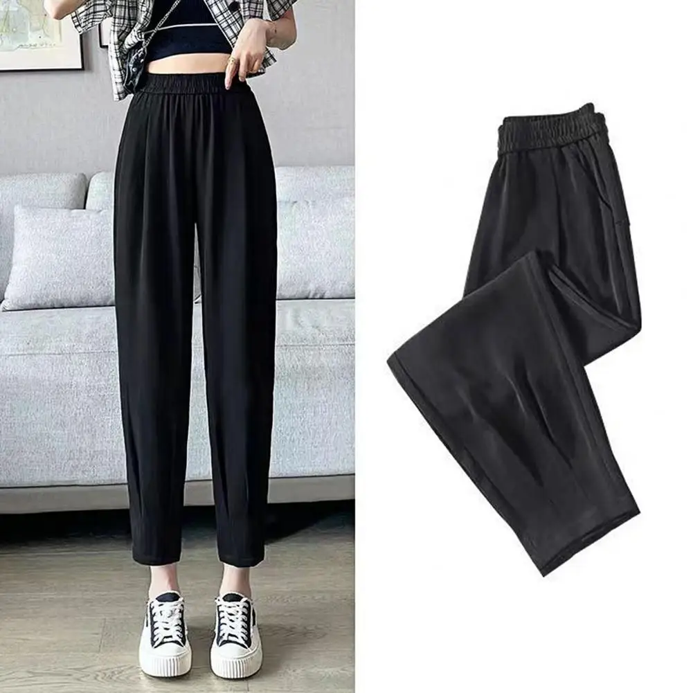 

High Waist Pants for Women Pockets Shrinkable Cuffs Summer Casual Ice Silk Harem Pants Trousers Streetwear pantalones de mujer