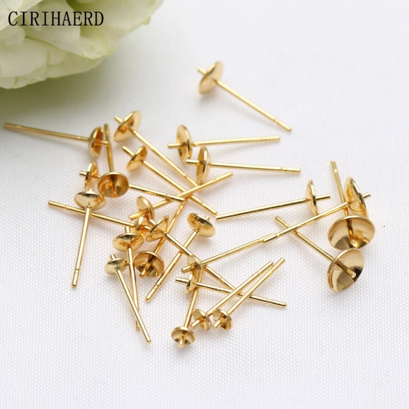 

14K/18K Gold Plated Cross Needle Round Bead Pearl Earrings Base Ear Pins Jewelry Connectors DIY Earring Jewelry Making Supplies