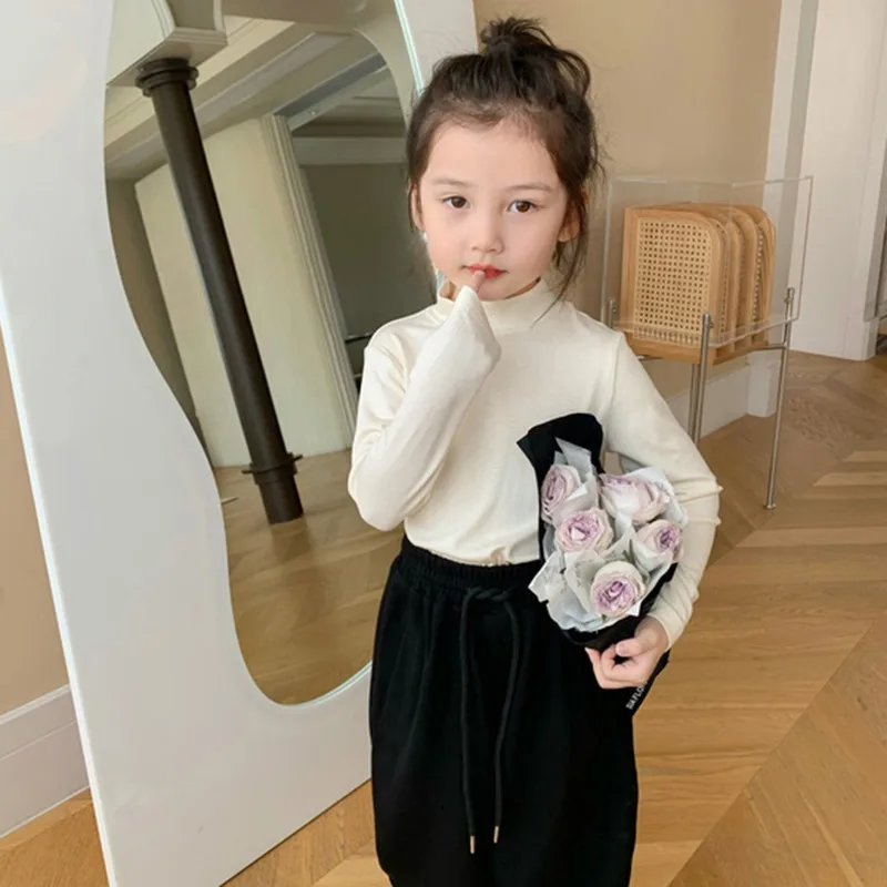 Six Colors Solid Candy Colors Kids Outfits Mock Neck Undershirt Korean Version Full Sleeves Toddler Girls Basic Shirt  For Kids
