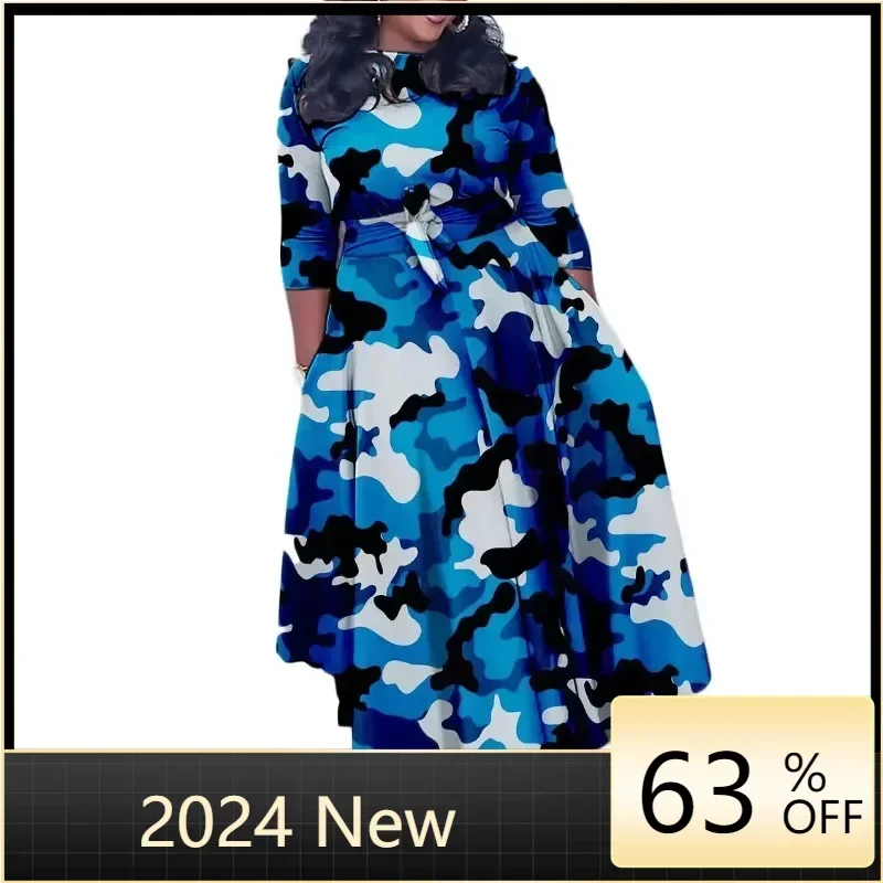 

2023 New Plus Size Fashion African Party Dresses for Women Dashiki Ankara Lace Up Gowns Elegant Print Muslim Maxi Dress S-3XL