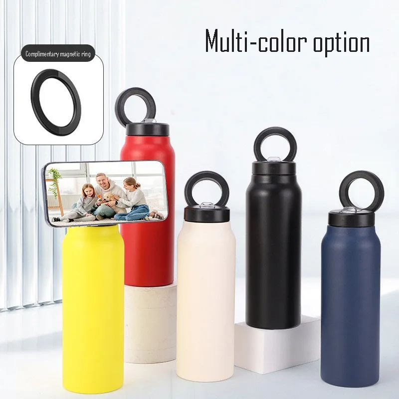 720ml/24OZ Large Capacity Sports Thermos Cup With Magnetic Mobile Phone Holder Handle,Stainless Steel Vacuum Flasks,Water Bottle