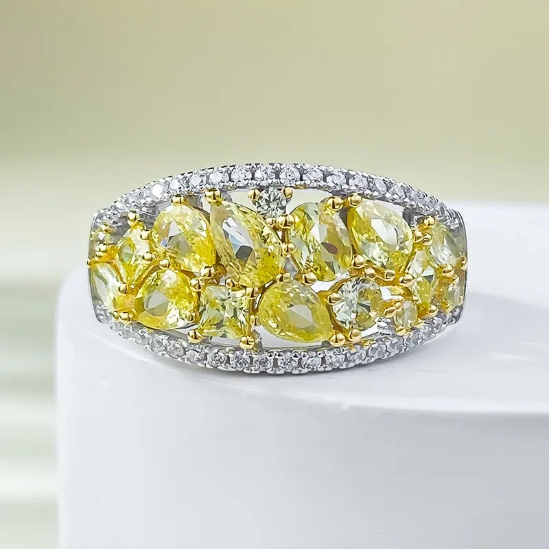 

High Quality Micro Inlaid Zircon High Carbon Diamond Yellow Diamond Ring for Women with Full Diamond Trendy Wedding Jewelry