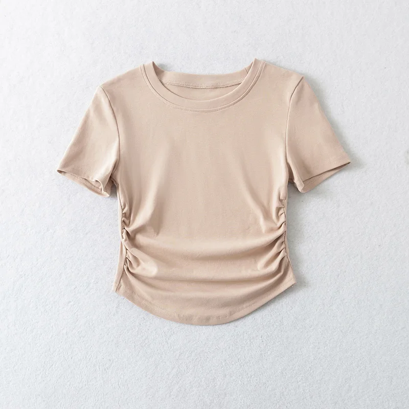 Women’s Round Neck Short Sleeve Cotton Solid Basic T-shirt Top With Ruched Sides Detail