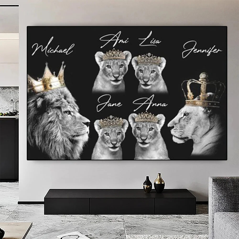 

Abstract Crown Lion Family Art Canvas Painting,Black and White Animal Posters and Prints for Living Room,Home Wall Decor Artwork