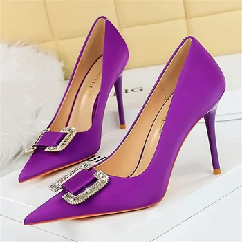 Women 11cm High Heels Satin Silk Crystal Buckle Pumps Lady Wedding Bridal Heels Escarpins Catwalk Green Purple Peach Blue Shoes